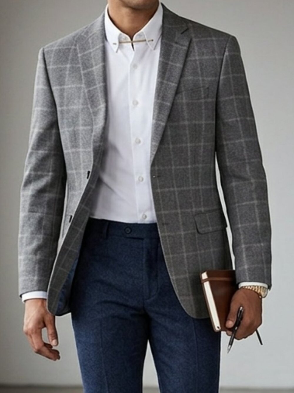 Vince Camuto Modern Windowpane Plaid Shadow Wool Sport Coat Blazer Gray 44L
